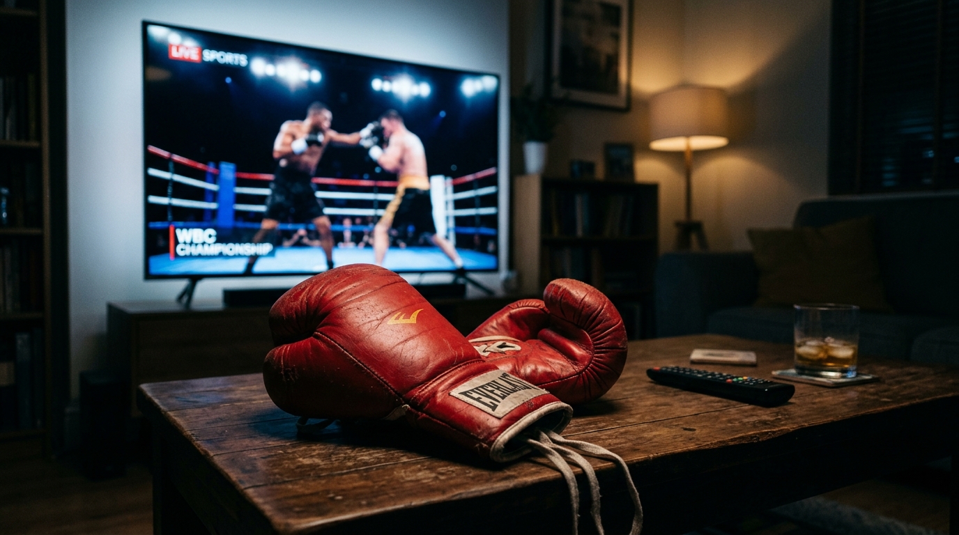 Gants de boxe devant une Smart TV prête pour un match