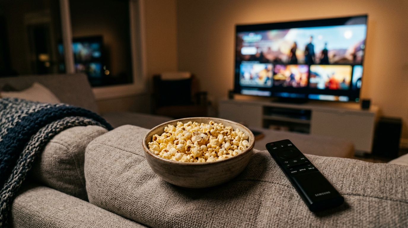 Soirée cinéma à la maison avec pop-corn et IPTV